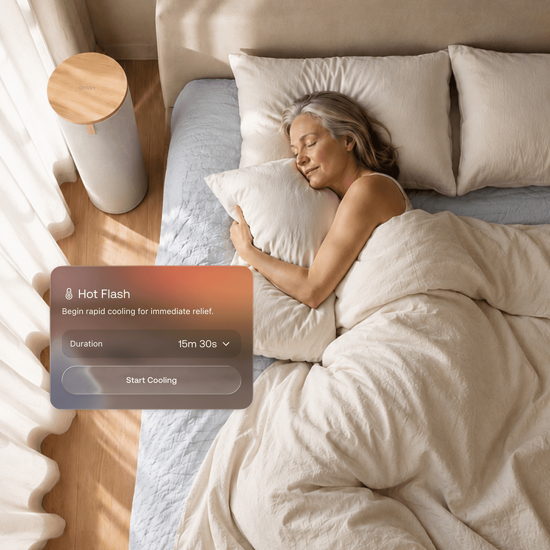 Older woman asleep in a sunlit bedroom next to an Orion sleep tower, with a Hot Flash UI card showing rapid cooling for immediate relief composited at the bottom of the frame