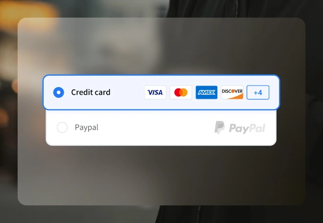 Payment options showing selected credit card with Visa, Mastercard, Amex, Discover, and more, and unselected PayPal option.