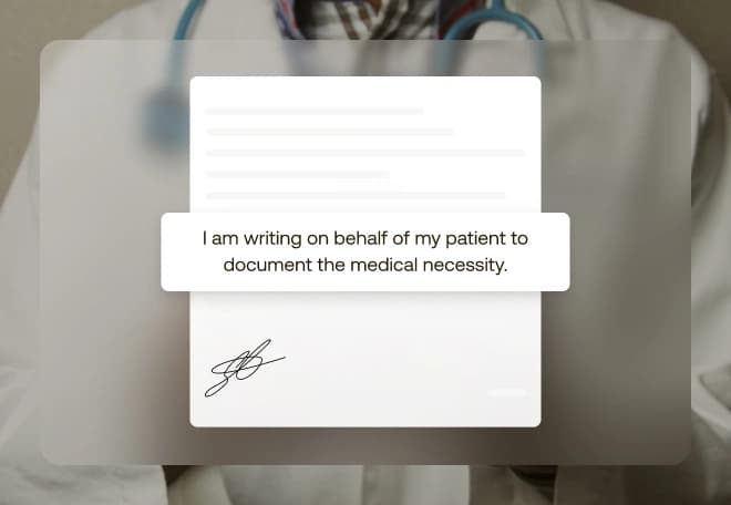 Doctor in a white coat with stethoscope holding a tablet displaying a document stating, 'I am writing on behalf of my patient to document the medical necessity.'